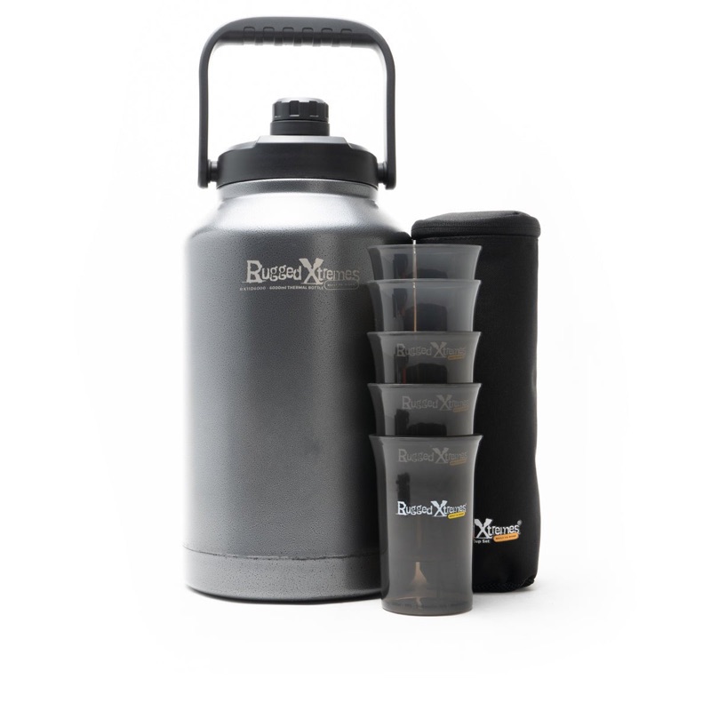 Insulated Bottle + Cups 6L Stainless Steel Grey