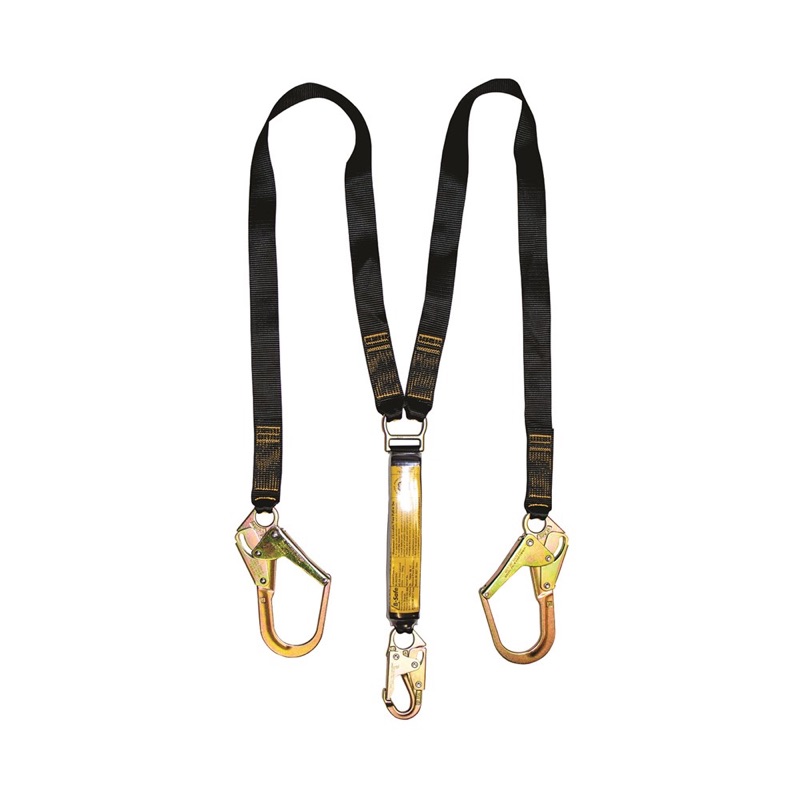 Shock Absorbing Lanyard B-Safe Web Twin 2M Steel Snap x1 Scaffold Hook x2 50KG-140KG